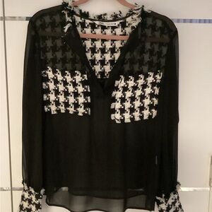 Zara Black and White Houndstooth Sheer Panel Blouse